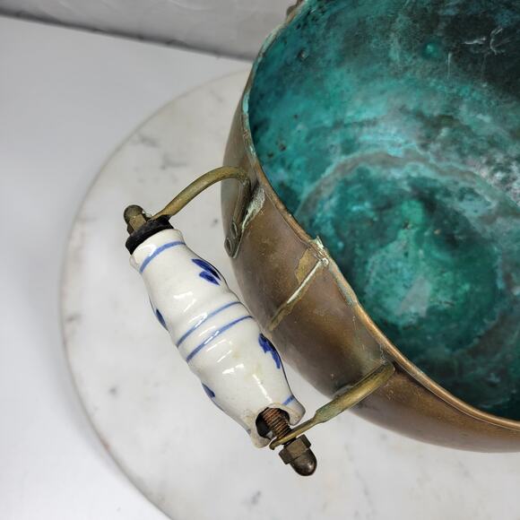 VTG Copper Coal Scuttle Ash Bucket 11" Patina Lion Head Delft Porcelain Handle - Picture 15 of 16